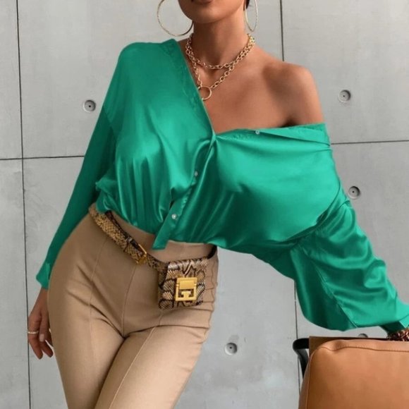 Button down Bishop Sleeve Shirt Blouse Green - Picture 4 of 6